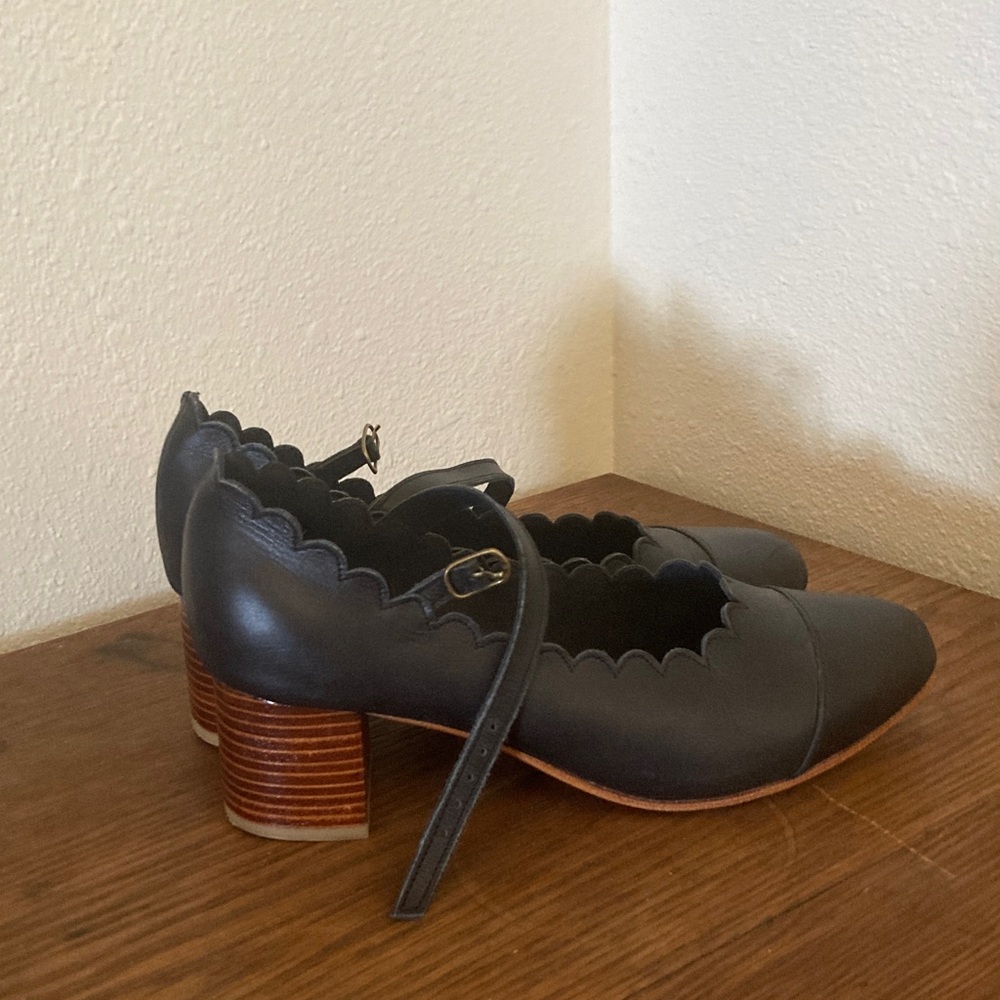 ELF Black Scalloped Mary Jane Block Heels